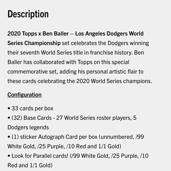 2020 Topps x Ben Baller LA Dodgers Cards World Series Champion Autograph SEALED - Picture 2 of 3